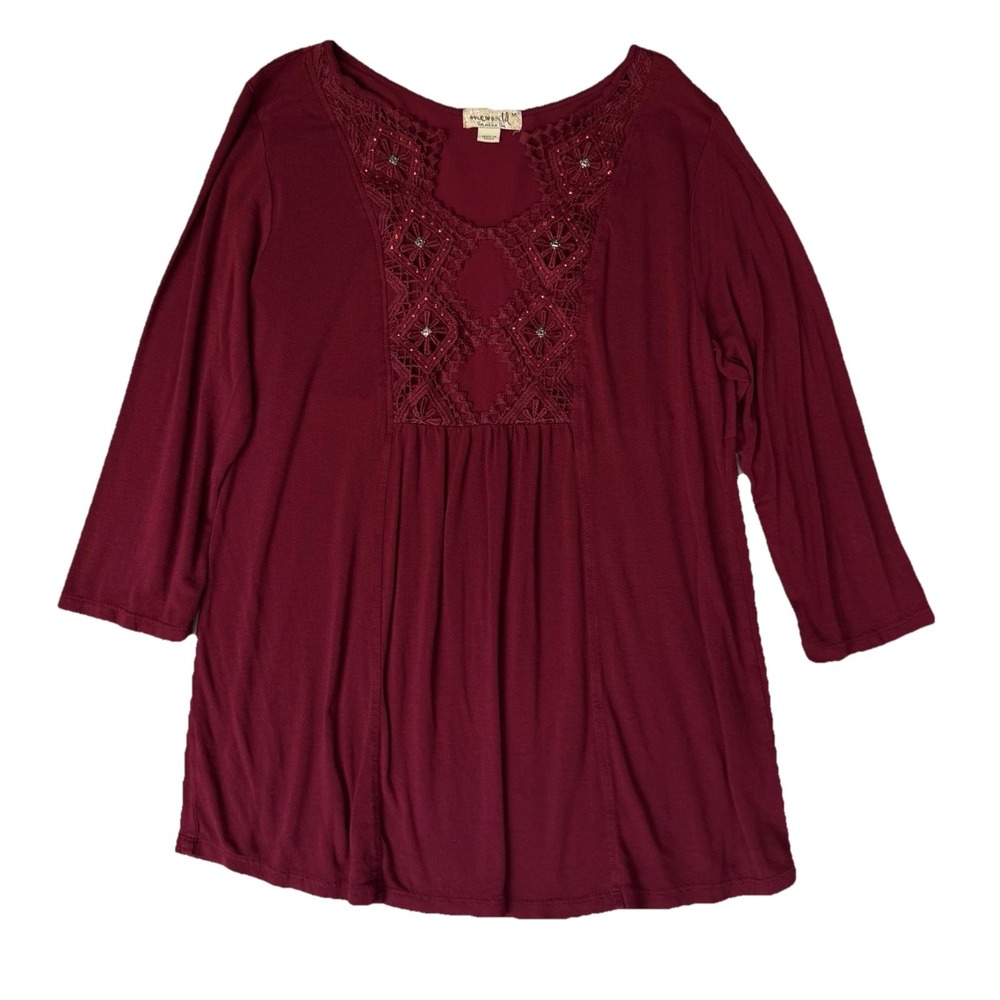 One World Shirt Womens Medium Burgundy Red Lace Beaded Dark Feminine Romantic